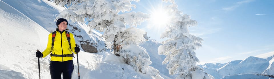 Wanderer unter beschneiten Bäumen