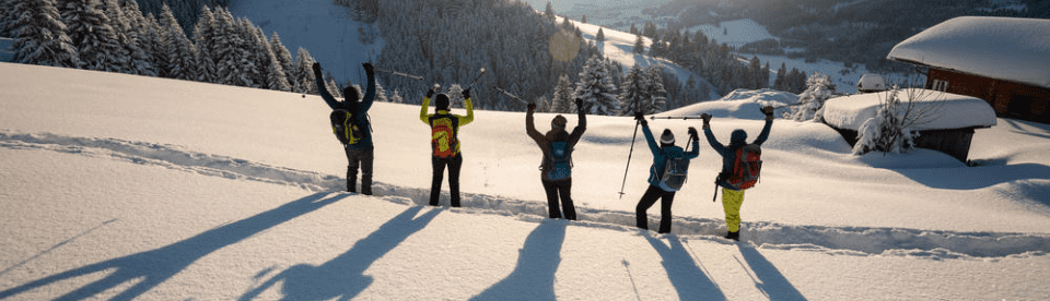 Gruppe hebt die Arme in die Höhe im Schnee